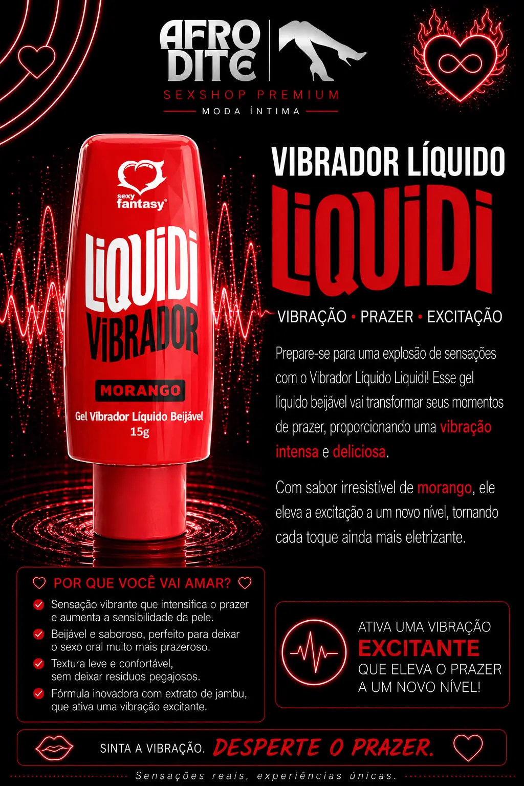 Gel Vibrador Líquido Beijável Morango 15g