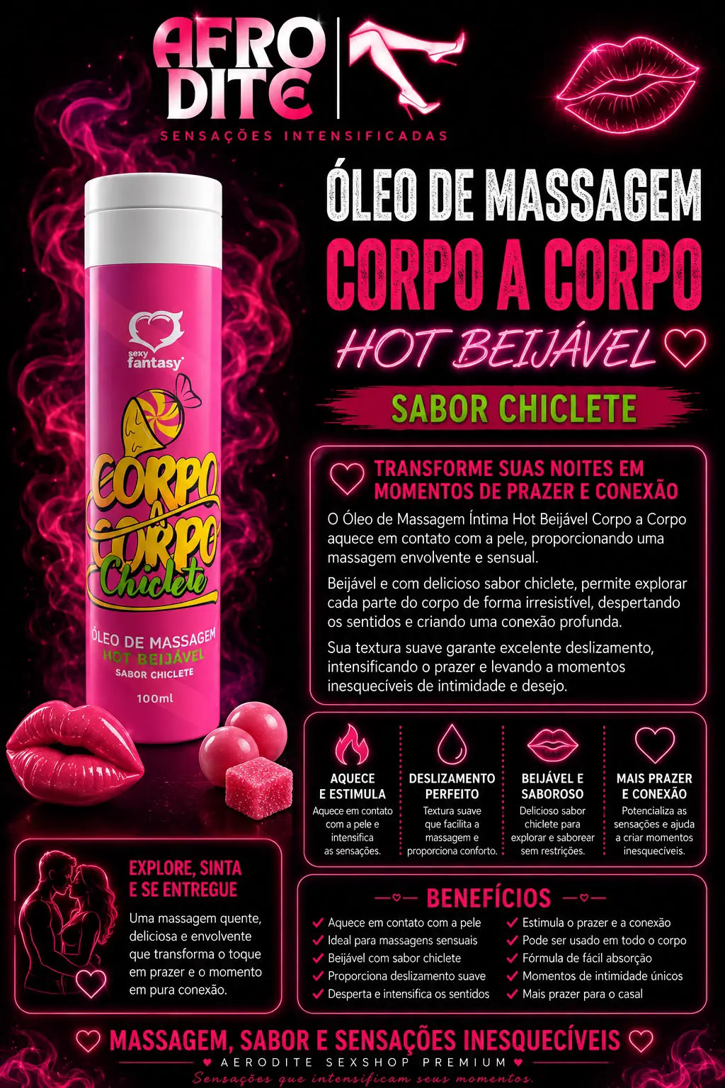 Óleo de Massagem Hot Beijável Chiclete 100ml