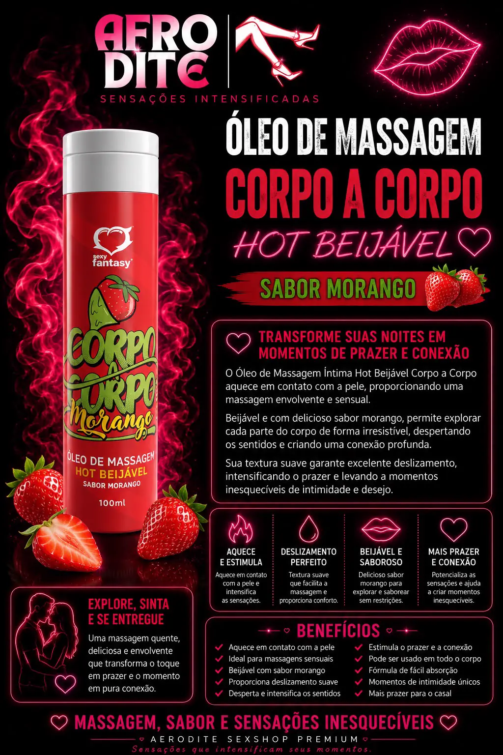 Óleo de Massagem Hot Beijável Morango 100ml
