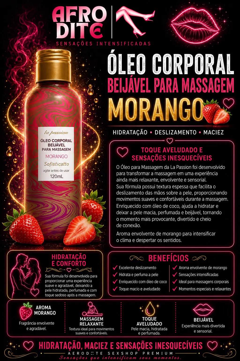 Óleo Corporal Beijável para Massagem Morango 120ml